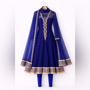 Royal Blue Embroidered Anarkali Dress with Gold Trim